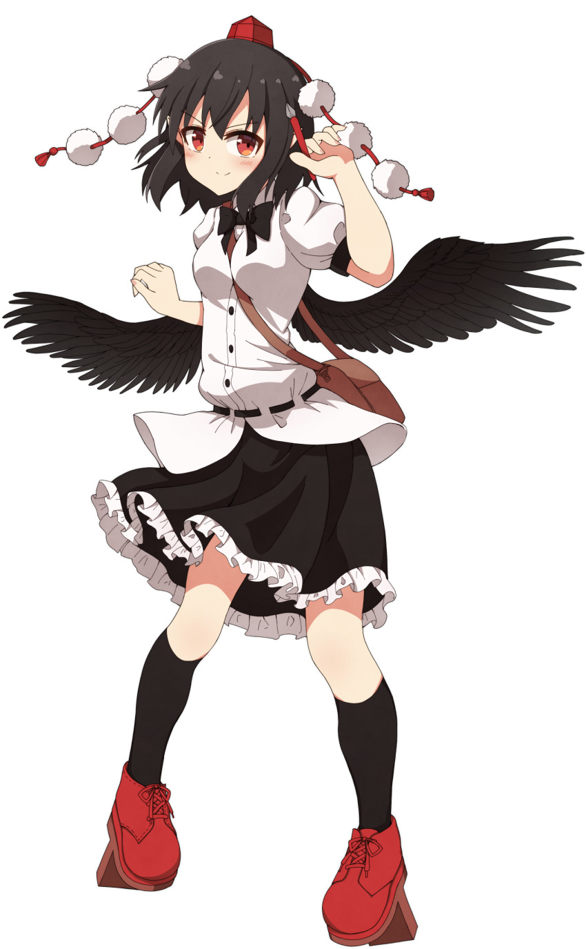1girl absurdres belt between_breasts bird_wings black_hair black_legwear black_skirt black_wings blush breasts buttons calligraphy_brush closed_mouth collared_shirt frilled_skirt frills full_body geta hat highres paintbrush pointy_ears pom_pom_(clothes) red_eyes red_footwear shameimaru_aya shirt simple_background skirt smile standing strap_between_breasts tengu tengu-geta tksand tokin_hat touhou white_background white_shirt wings
