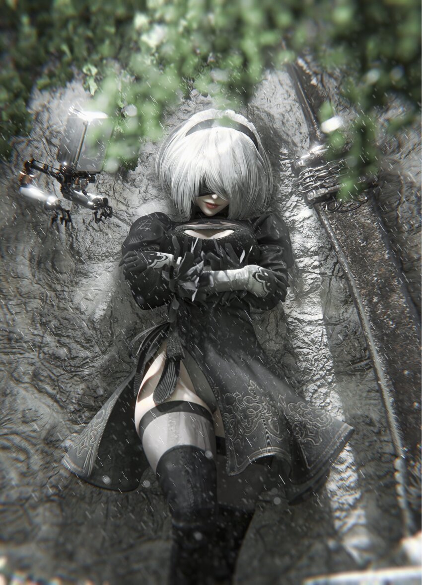 1girl 2b_(nier:automata) beastlord_(sword) black_thighhighs covered_eyes crossed_arms devy_(hapidevy) highres juliet_sleeves long_sleeves nier:automata nier_(series) pod_(nier:automata) puffy_sleeves rain short_hair thighhighs white_hair
