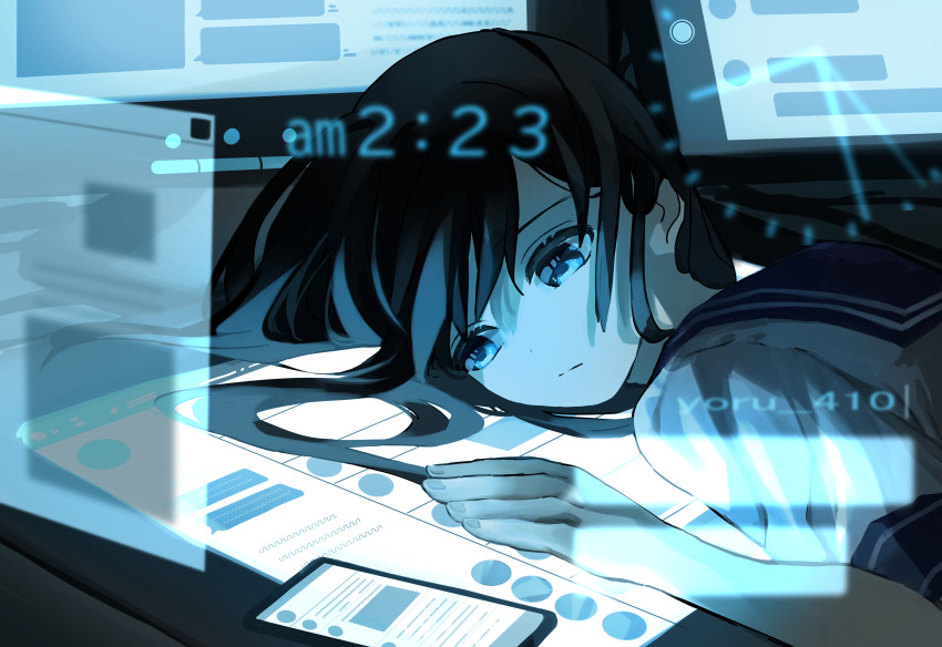 1girl absurdres arm_up artist_name black_hair blue_eyes blue_light blue_theme cellphone clock closed_mouth computer expressionless frown head_on_table highres holographic_interface long_hair looking_down monitor original phone school_uniform screen short_sleeves solo twintails yoru_410