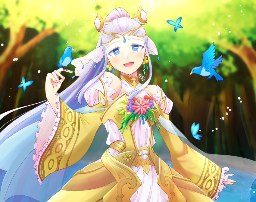 1girl :d animal bird bird_on_hand blue_eyes bug butterfly detached_sleeves dlllll_lllllb dress earrings eir_(fire_emblem) eir_(life_ascendant)_(fire_emblem) fire_emblem fire_emblem_heroes flower_earrings highres insect jewelry long_hair long_sleeves looking_at_viewer nintendo official_alternate_costume open_mouth outdoors ponytail sidelocks smile tree white_hair wide_sleeves yellow_dress
