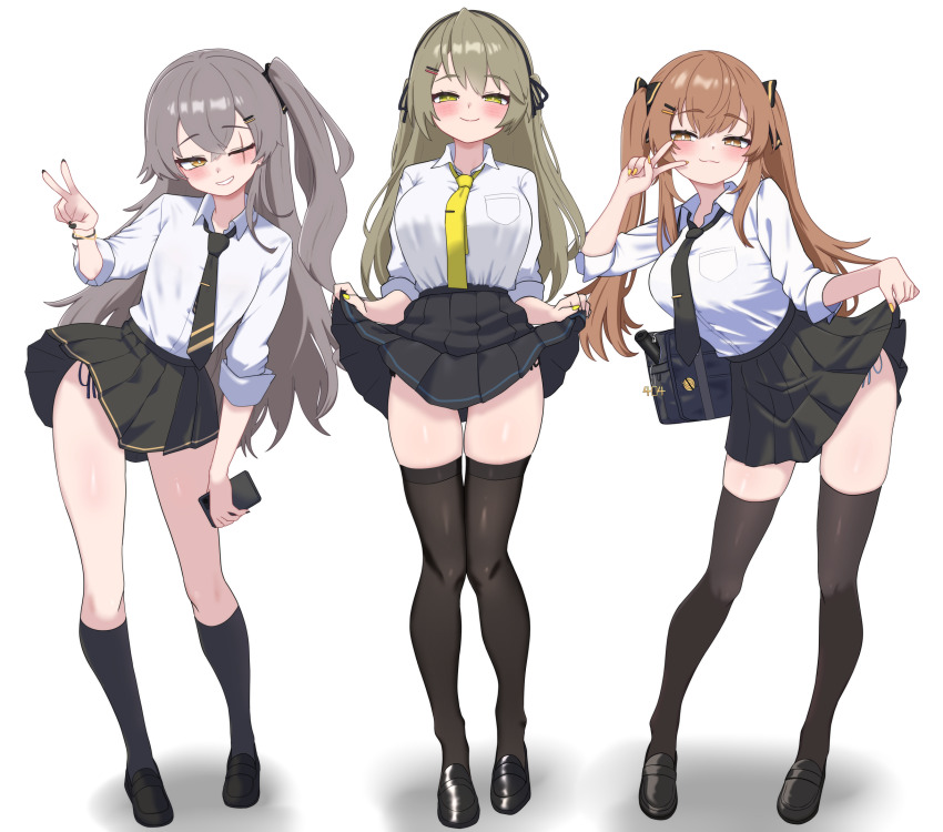 3girls alternate_costume bag bag_charm black_bag black_bow black_hairband black_nails black_necktie black_shoes black_skirt black_socks black_thighhighs blush bow breast_pocket breasts bright_pupils brown_eyes brown_hair cellphone charm_(object) closed_mouth clothes_lift collared_shirt commentary_request dress_shirt drop_shadow fingernails full_body girls&#039;_frontline green_eyes grey_hair gyaru hair_bow hair_ornament hairband hairpin half-closed_eyes hand_up highres holding holding_phone kneehighs kogal korean_commentary lainie_(girls&#039;_frontline_2) large_breasts lifting_own_clothes loafers long_hair long_sidelocks looking_at_viewer miniskirt multiple_girls multiple_hairpins nail_polish necktie oldsickkim one_side_up parted_lips partially_unzipped phone pleated_skirt pocket satchel scar scar_across_eye scar_on_face school_bag school_uniform seductive_smile shadow shirt shirt_tucked_in shoes siblings side-tie_peek sidelocks simple_background sisters skindentation skirt skirt_hold skirt_lift sleeves_rolled_up smartphone smile socks standing taut_clothes taut_shirt tented_shirt thighhighs thighs three-quarter_sleeves tie_clip twintails ump40_(girls&#039;_frontline) ump45_(girls&#039;_frontline) ump9_(girls&#039;_frontline) v very_long_hair white_background white_pupils white_shirt wing_collar yellow_nails yellow_necktie zettai_ryouiki