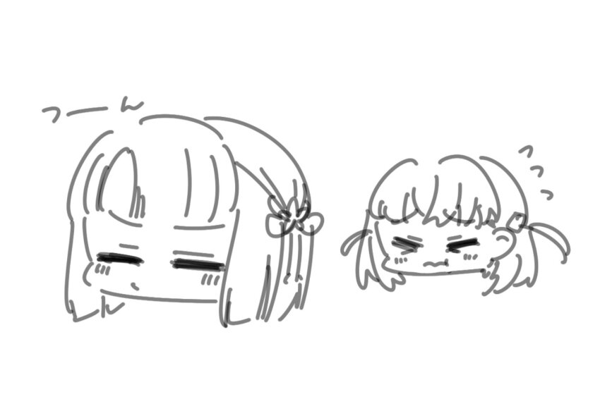 &gt;_&lt; 2girls 3: blunt_bangs blunt_ends blush bob_cut chibi chibi_only closed_eyes commentary_request flower flower_knot flying_sweatdrops greyscale hair_flower hair_ornament head_only hinoshita_kaho link!_like!_love_live! llkapital long_hair love_live! momose_ginko monochrome multiple_girls pout rabbit_hair_ornament raised_inner_eyebrows short_hair simple_background tsundere two_side_up virtual_youtuber white_background