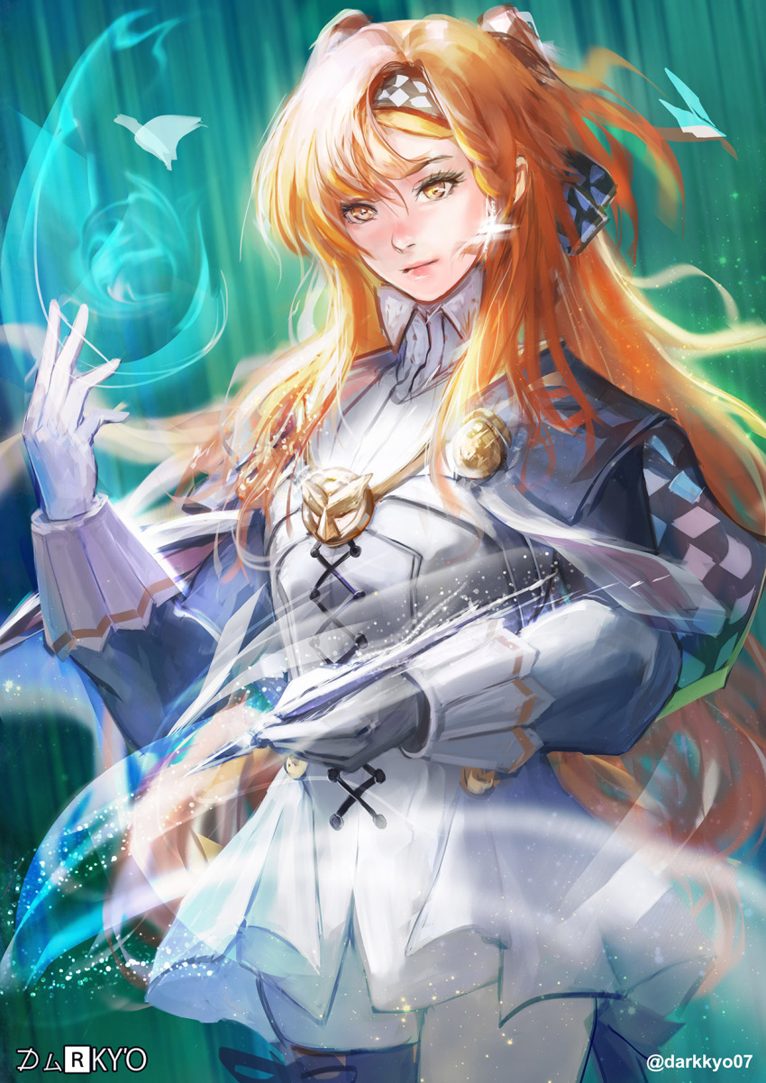 1girl artist_name checkered_hairband collared_dress cowboy_shot darkyo07 dress glass_pen gloves green_background grey_cloak hairband hand_up high_collar highres holding holding_pen long_hair looking_at_viewer magic orange_eyes orange_hair pants pants_under_dress pen redrawn reverse:1999 short_dress solo sonetto_(reverse:1999) twitter_username two_side_up white_dress white_gloves white_pants