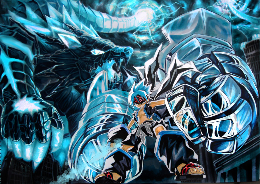 absurdres ainu bandana blue_hair clenched_hand clenched_hands gauntlets highres ice japanese_clothes male_focus open_clothes open_shirt sandals shaman_king shirt shorts sky usui_horokeu usui_no_ken wolf