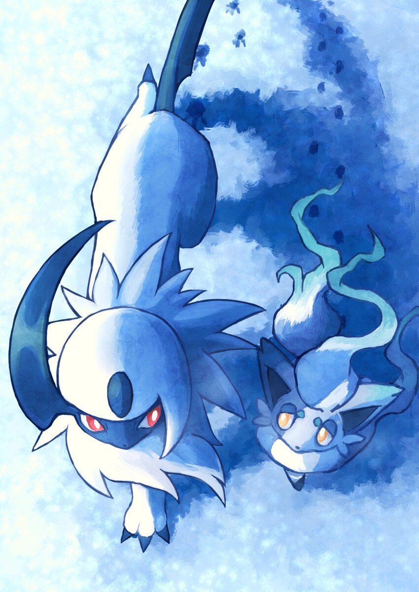 7_phi_3 absol absurdres all_fours body_fur fox gen_3_pokemon highres hisuian_zorua nintendo no_humans pokemon pokemon_(creature) red_eyes snow white_fur yellow_eyes