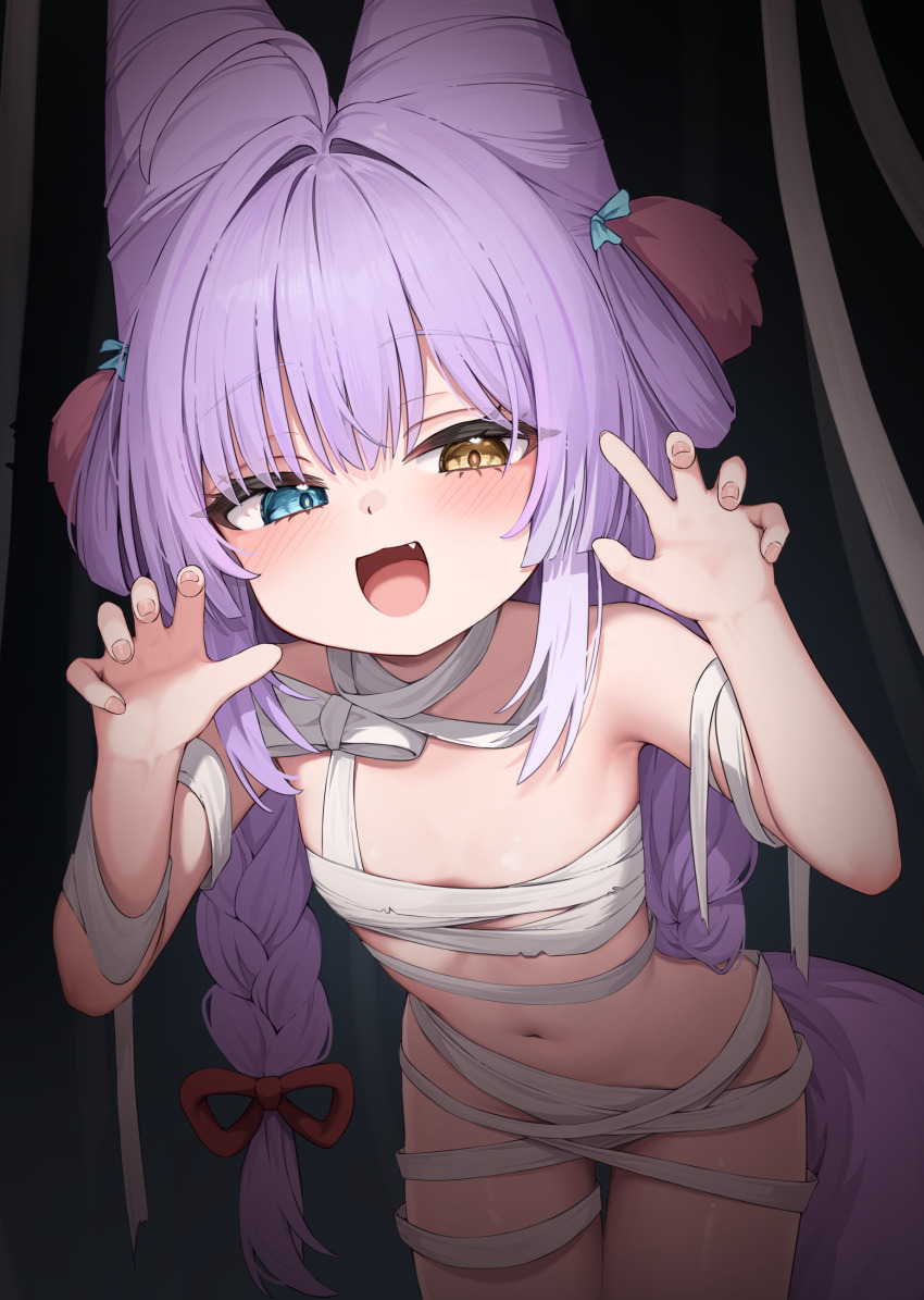1girl absurdres bandages blue_eyes braid breasts claw_pose cone_hair_bun fang fox_girl fox_tail hair_bun heterochromia highres korean_commentary loli long_hair mannack naked_bandage navel open_mouth small_breasts smile solo stellive tail tenko_shibuki yellow_eyes