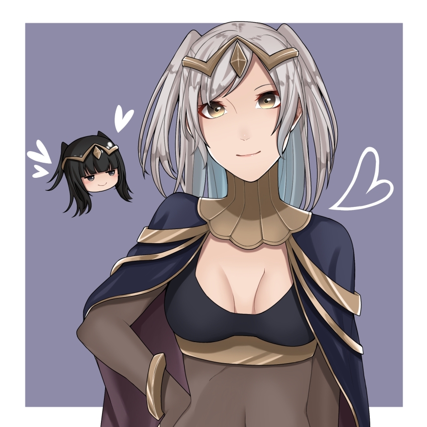 2girls ao_saryaruhu arm_at_side black_bra bodysuit bra bracelet breasts brown_eyes chibi chibi_inset cleavage cloak cosplay covered_navel eyelashes facing_viewer female_focus female_robin_(fire_emblem) fire_emblem fire_emblem_awakening half-closed_eyes hand_on_own_hip happy heart highres jewelry long_hair looking_at_another looking_at_viewer lots_of_jewelry medium_breasts multiple_girls necklace nintendo revealing_clothes see-through_bodysuit see-through_clothes short_twintails sidelocks smile smirk standing swept_bangs tharja_(fire_emblem) tharja_(fire_emblem)_(cosplay) tiara twintails underwear upper_body white_hair