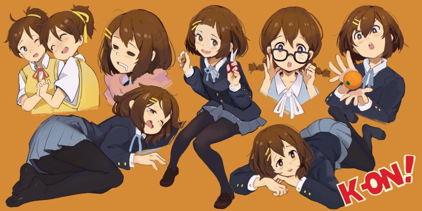 2girls :o =_= ^_^ absurdres black-framed_eyewear black_pantyhose blazer blue_jacket blue_ribbon blue_skirt blush braid bright_pupils brown_eyes brown_hair brown_shoes closed_eyes collared_shirt commentary copyright_name cropped_shoulders dress_shirt eccomicco english_commentary feet food fruit glasses hair_between_eyes hair_ornament hair_ribbon hairclip highres hirasawa_ui hirasawa_yui holding holding_hands holding_scissors interlocked_fingers invisible_chair jacket k-on! loafers long_sleeves looking_at_viewer low_twin_braids lying mandarin_orange multiple_girls multiple_views neck_ribbon no_shoes on_side on_stomach one_eye_closed open_mouth pantyhose pleated_skirt ribbon sakuragaoka_high_school_uniform school_uniform scissors shirt shoes short_hair siblings simple_background sisters sitting skirt sleeping smile sweat sweater_vest tearing_up toes twin_braids v-shaped_eyebrows white_pupils white_shirt winter_uniform yawning yellow_background yellow_ribbon yellow_sweater_vest