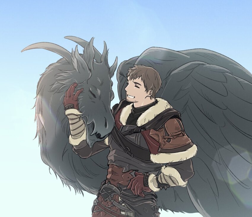 1boy ardbert_hylfyst armor blue_background brown_hair closed_eyes commentary english_commentary final_fantasy final_fantasy_xiv fur-trimmed_armor fur_trim gloves gradient_background grin hand_on_own_hip jocococo male_focus petting seto_(ff14) short_hair smile sparse_stubble