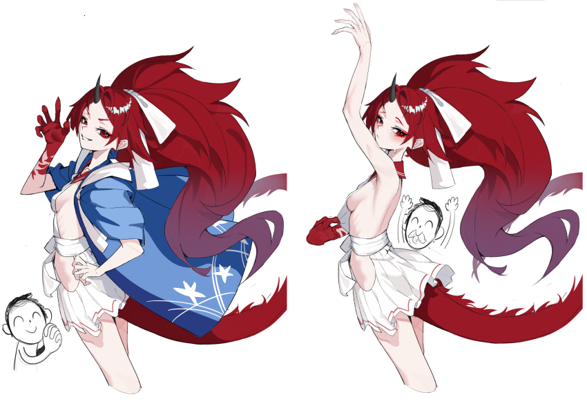 1girl absurdres arm_up backless_outfit blue_archive breasts clothes_pull colored_skin cowboy_shot cropped_legs doodle_sensei_(blue_archive) dragon_tail eyeshadow from_side hakama hakama_short_skirt hakama_skirt haori highres hip_vent horns japanese_clothes lanzen_wu looking_at_viewer makeup multiple_views red_eyes red_eyeshadow red_hair red_sailor_collar renge_(blue_archive) sailor_collar sensei_(blue_archive) shirt sideless_outfit simple_background single_horn skirt small_breasts sweatdrop tail white_background white_shirt white_skirt