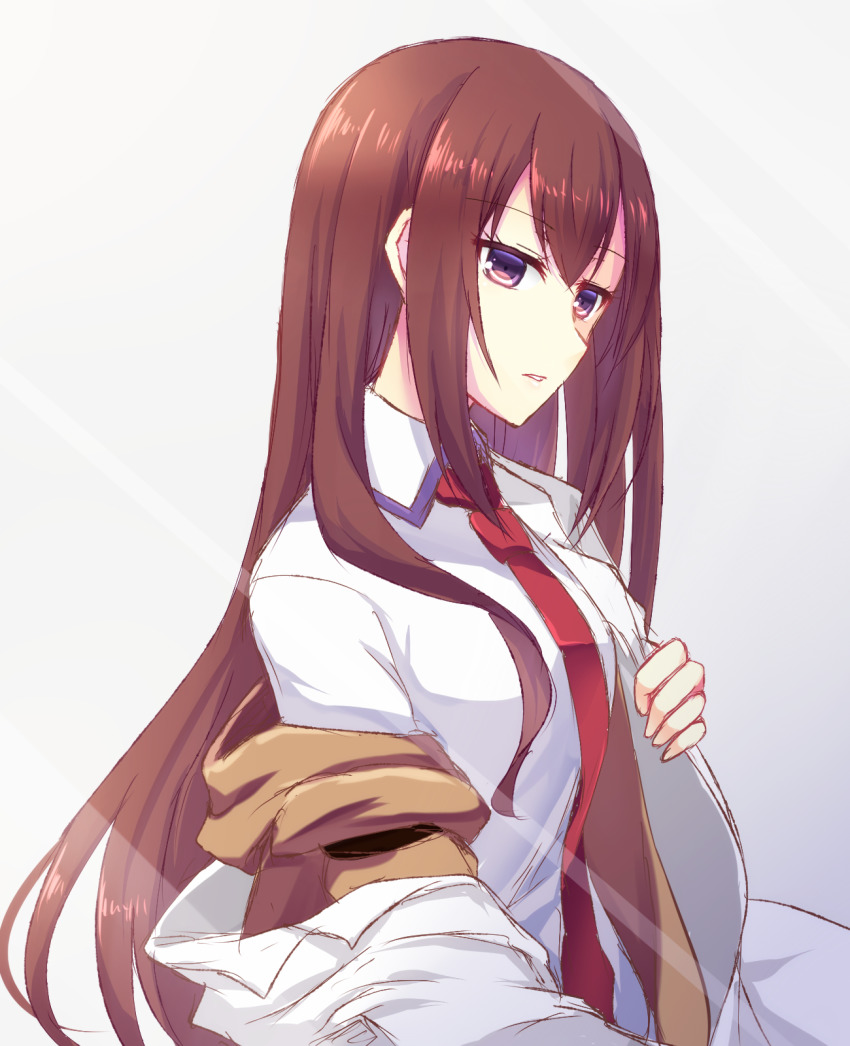 1girl brown_hair collared_shirt from_side grey_background hair_between_eyes highres lab_coat long_hair long_sleeves makise_kurisu necktie nishijou_myu parted_lips purple_eyes red_necktie shirt simple_background sketch solo steins;gate straight_hair very_long_hair white_shirt wing_collar