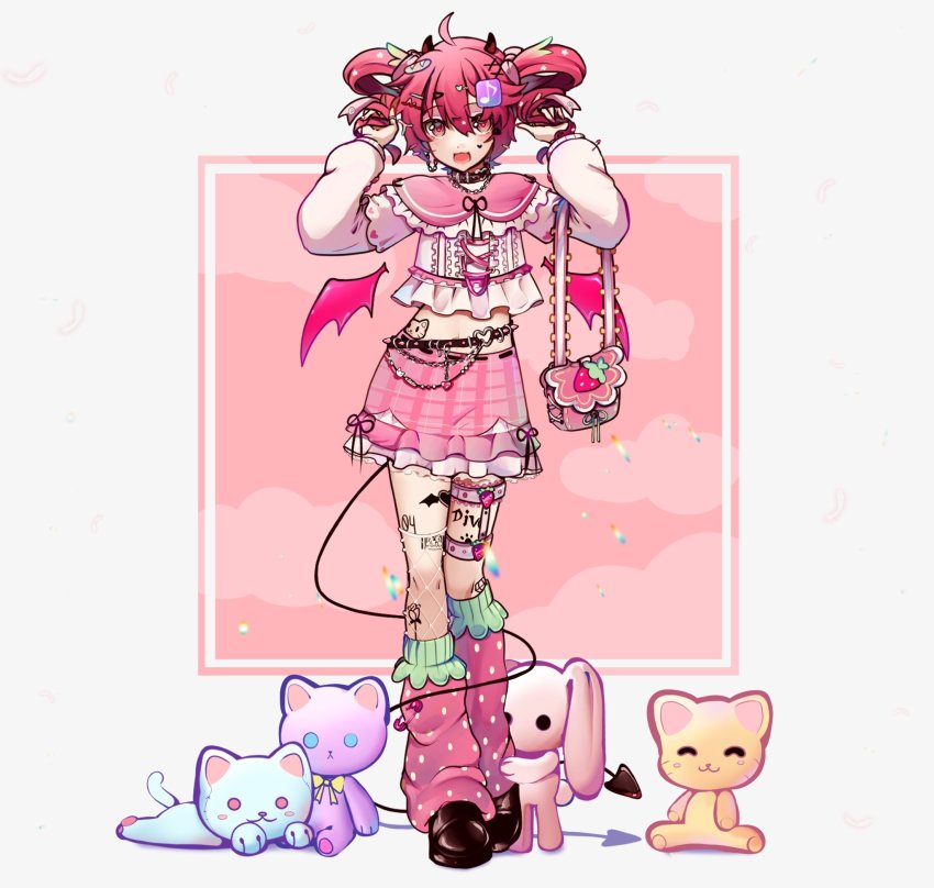 1girl :d bag belt belt_chain blush bread_hair_ornament chain chain_earrings collar crop_top cross-laced_clothes demon_horns demon_wings drill_hair facial_mark fang food-themed_bag food-themed_clothes food-themed_hair_ornament food_print fortissimo frilled_shirt_collar frilled_skirt frills fruit_print goth_fashion hair_ornament hair_ribbon hairclip hands_in_hair hands_up heart heart_facial_mark heart_o-ring highres holding holding_bag horns ianxy2 kasane_teto loafers long_sleeves loose_socks midriff musical_note musical_note_hair_ornament navel o-ring o-ring_belt open_mouth pink_eyes pink_hair pink_theme plaid_clothes plaid_skirt punkish_gothic ribbon safety_pin shoes skirt smile socks solo spring_onion_hair_ornament strawberry_print stuffed_animal stuffed_cat stuffed_rabbit stuffed_toy tattoo thigh_strap twin_drills utau wings x_hair_ornament
