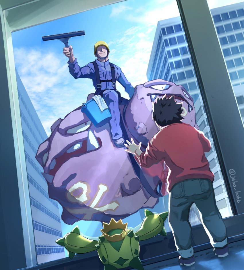 2boys against_glass artist_name blue_sky bucket building cacnea cleaning cleaning_windows cloud denim fangs gen_1_pokemon gen_3_pokemon hand_on_glass hard_hat helmet highres jako_(boke_poke) jeans multiple_boys nintendo no_eyes pants pokemon pokemon_(creature) riding sky skyscraper smile squeegee suspenders towel uniform weezing window