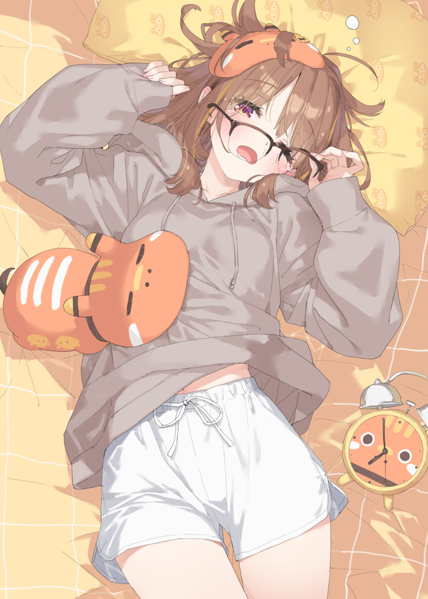 1girl alarm_clock arm_up bed_sheet black-framed_eyewear brown_hair clock commentary_request drawstring drooling glasses grey_hoodie hand_up highres hood hood_down hoodie kani_biimu long_sleeves looking_at_viewer lying mask mask_on_head midriff_peek navel on_back one_eye_closed open_mouth over-rim_eyewear pillow pinching_sleeves puffy_long_sleeves puffy_sleeves purple_eyes semi-rimless_eyewear sendo_yuuhi sendo_yuuhi_(2nd_costume) short_shorts shorts sleep_mask sleeves_past_wrists solo tears virtual_youtuber vspo! white_shorts