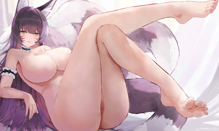 1girl absurdres animal_ear_fluff animal_ears arm_strap ass azur_lane belt_collar black_choker breasts choker collar completely_nude crossed_legs facial_mark feet foot_focus fox_ears fox_tail highres huge_breasts long_hair looking_at_viewer lying multiple_tails musashi_(azur_lane) nail_polish no_nipples nude purple_hair smile solo suo_bu_ye_feng tail thighs very_long_hair whisker_markings yellow_eyes