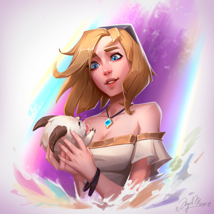 1girl absurdres angelmoonlight animal artist_name bare_shoulders black_hairband blonde_hair blue_eyes breasts cleavage detached_sleeves hairband hands_up highres holding holding_animal jewelry league_of_legends lux_(league_of_legends) medium_breasts necklace off_shoulder pink_background poro_(league_of_legends) short_hair smile solo teeth