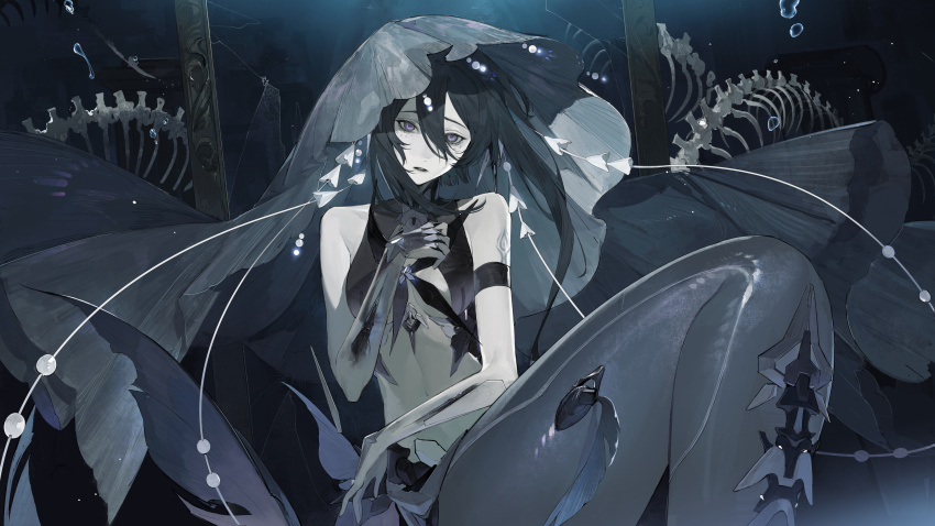 1girl absurdres air_bubble animal_bones armband bare_shoulders black_hair blue_eyes breasts bubble chinese_commentary commentary crop_top fish hair_between_eyes highres lamia:_lost_lullaby_(abyssal_dye)_(pgr) lamia_(pgr) linea_alba long_hair looking_at_viewer mechanical_tail medium_breasts mermaid meru02295238 mirror monster_girl navel official_alternate_costume pale_skin parted_lips picture_frame punishing:_gray_raven ringed_eyes seams see-through_body shattered shirt sleeveless sleeveless_shirt solo stomach straight-on submerged tail underboob underwater upper_body veil