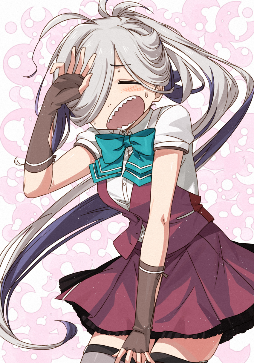 1girl ahoge aqua_bow aqua_bowtie asashimo_(kancolle) asashimo_kai_ni_(kancolle) asymmetrical_legwear blush bow bowtie breasts closed_eyes cowboy_shot dress fingerless_gloves gloves grey_eyes grey_hair grey_thighhighs hair_over_one_eye highres hot kanmiya_shinobu kantai_collection long_hair open_mouth ponytail purple_dress purple_vest seamed_legwear sharp_teeth shirt side-seamed_legwear sleeves_rolled_up small_breasts solo teeth thighhighs very_long_hair vest white_shirt