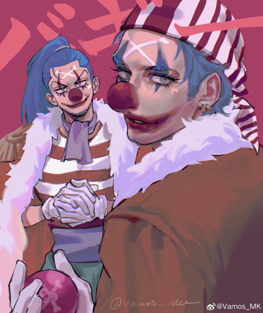 2boys absurdres ascot blue_hair brown_cape buggy_the_clown cape cleft_chin closed_mouth clown_nose dual_persona epaulettes eyelashes facepaint fur-trimmed_cape fur_trim green_eyes highres looking_at_viewer male_focus multiple_boys one_piece one_piece_(live_action) ponytail purple_ascot realistic red_background shirt short_hair smile striped_clothes striped_shirt vamos_mk