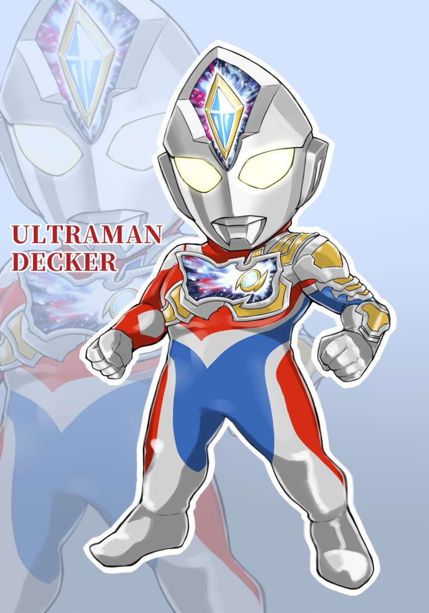 1boy alien armor asymmetrical_armor blue_background blue_skin breastplate character_name clenched_hands color_timer colored_skin commentary compound_eyes crystal deformed dorsal_fin english_text forehead_jewel full_body glowing glowing_eyes gradient_background highres legs_apart looking_at_viewer male_focus multicolored_skin outline pectorals red_skin silver_skin solo standing tokusatsu toned toned_male tsubasa_(godbardtsubasa) ultra_series ultraman_decker ultraman_decker_(flash_type) ultraman_decker_(series) white_outline yellow_eyes zoom_layer