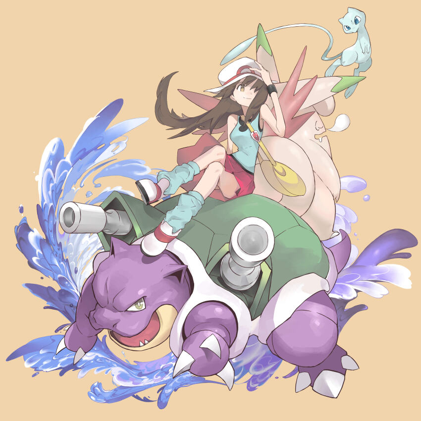 1girl absurdres alternate_color bag blastoise blue_shirt breasts brown_eyes brown_hair clefable gen_1_pokemon hand_on_headwear handbag hat highres hiro_(user_negm3832) leaf_(pokemon) legendary_pokemon long_hair loose_socks mew_(pokemon) mythical_pokemon nintendo open_mouth pokemon pokemon_(creature) pokemon_frlg red_skirt shiny_pokemon shirt shoes sitting_on_animal skirt small_breasts socks water white_hat white_shoes wristband yellow_eyes
