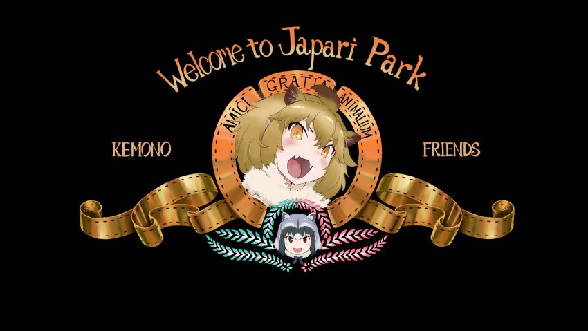 10s 2girls animal_ears bad_id bad_twitter_id black_background brown_hair common_raccoon_(kemono_friends) copyright_name fangs fur_collar grey_hair highres kemono_friends latin_text lion_(kemono_friends) lion_ears looking_at_viewer metro-goldwyn-mayer multiple_girls open_mouth parody raccoon_ears revision roaring simple_background siva_ryo slit_pupils yellow_eyes