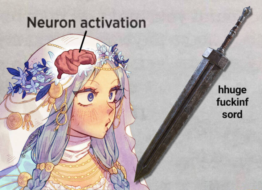 blue_cape blue_eyes blue_hair braid brain cape cropped_shoulders dress elden_ring elden_ring_nightreign elden_things english_text flower_wreath gold_trim head_wreath huge_weapon jewelry looking_at_object low_twin_braids meme neuron_activation_(meme) revenant_(elden_ring) signature solo sword twin_braids veil weapon white_dress white_veil x-ray