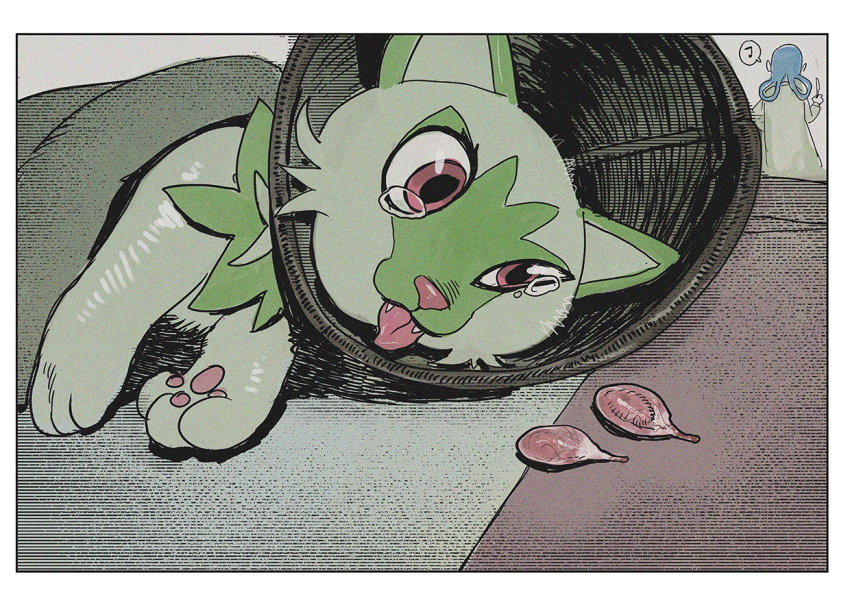 1girl border castration chinese_commentary commentary_request fangs green_fur mable_(pokemon) musical_note nintendo pet_cone pokemon pokemon_(creature) pokemon_focus pokemon_legends:_z-a red_eyes sitakiding solo spoken_musical_note sprigatito tearing_up tears testicles tongue tongue_out white_border