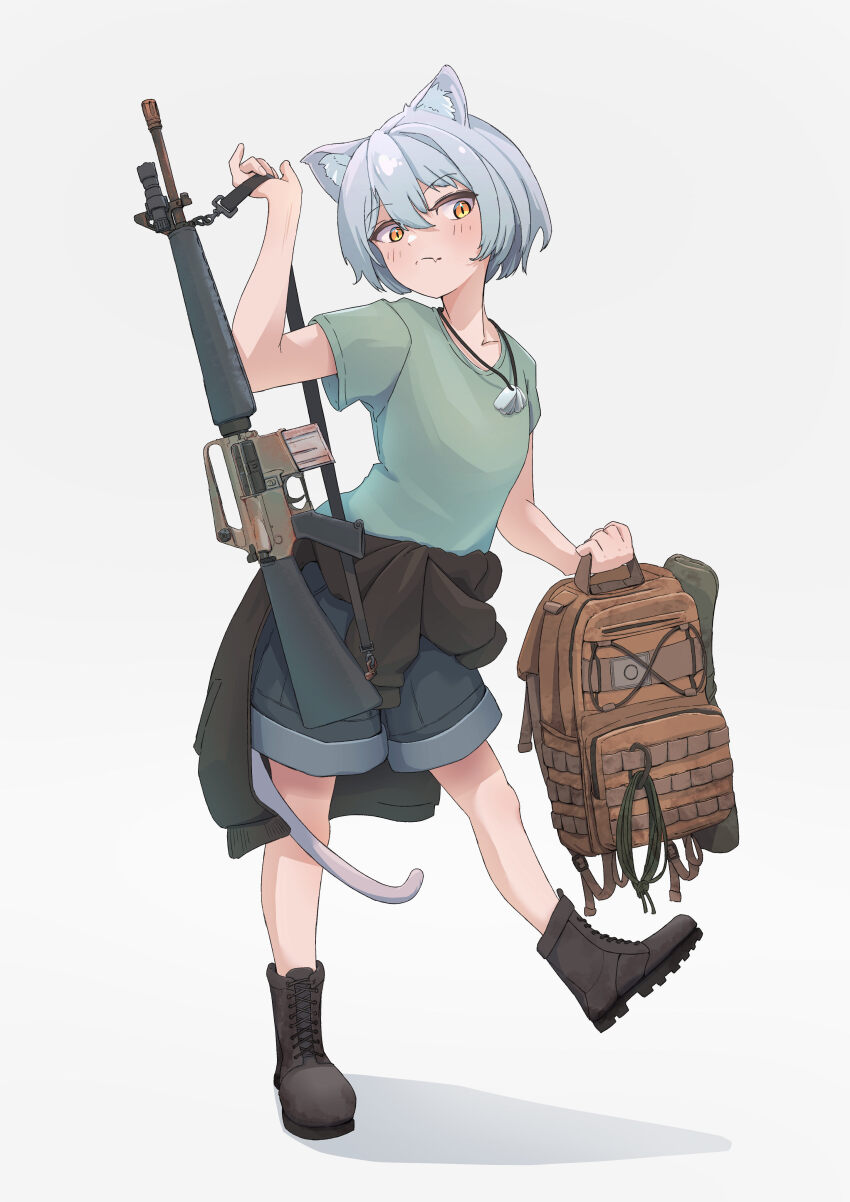 absurdres animal_ears assault_rifle backpack bag black_jacket boots cat_ears cat_girl cat_tail clothes_around_waist combat_boots dog_tail fang flashlight gun gun_sling highres holding holding_weapon jacket lace-up_boots m16 m16a1 military okapi_(yomaigoto) orange_eyes original rifle shirt short_hair t-shirt tail weapon white_background white_hair