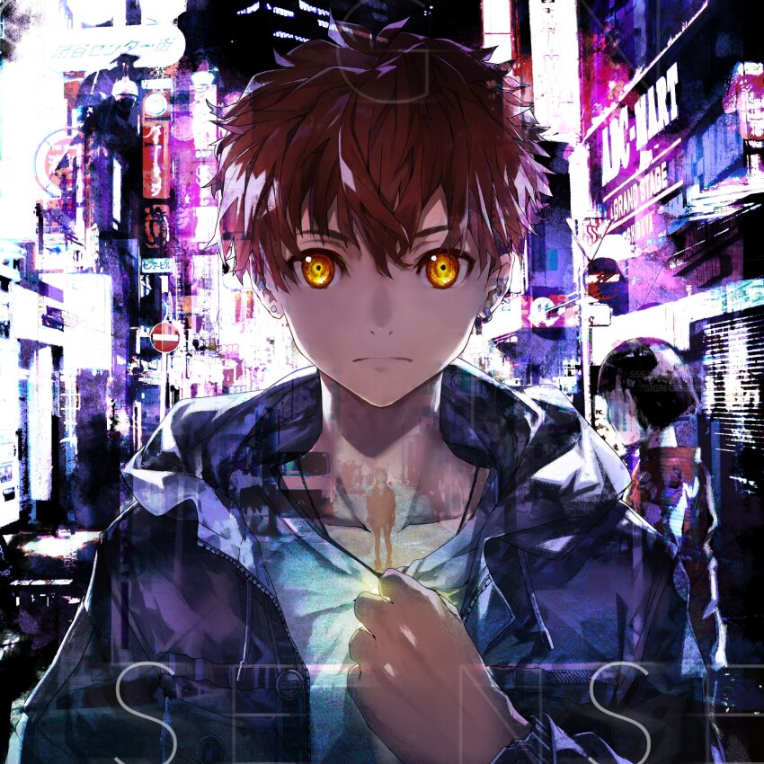 1boy 2girls bunbun city commentary earrings expressionless faceless faceless_female frown highres hood hooded_jacket jacket jewelry mismatched_earrings multiple_girls orange_eyes original red_hair road_sign short_hair sign solo_focus stop_sign