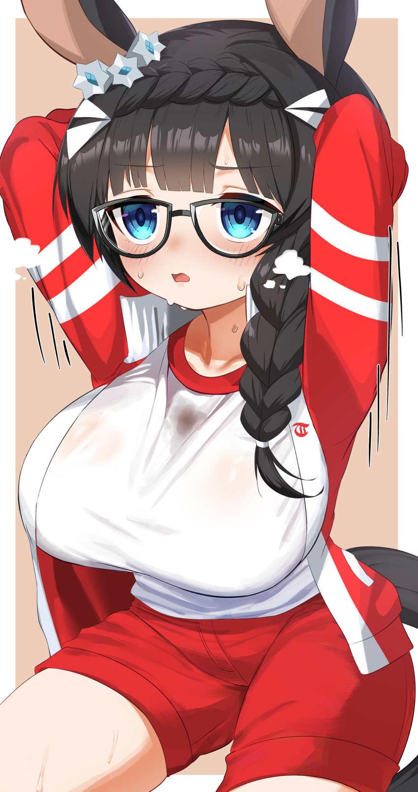 1girl absurdres animal_ears arms_behind_head blush braid breasts collarbone glasses hair_ornament highres horse_ears horse_girl jacket large_breasts long_hair maou_(maoudaisukiya) open_mouth shorts simple_background solo squatting track_jacket umamusume zenno_rob_roy_(umamusume)