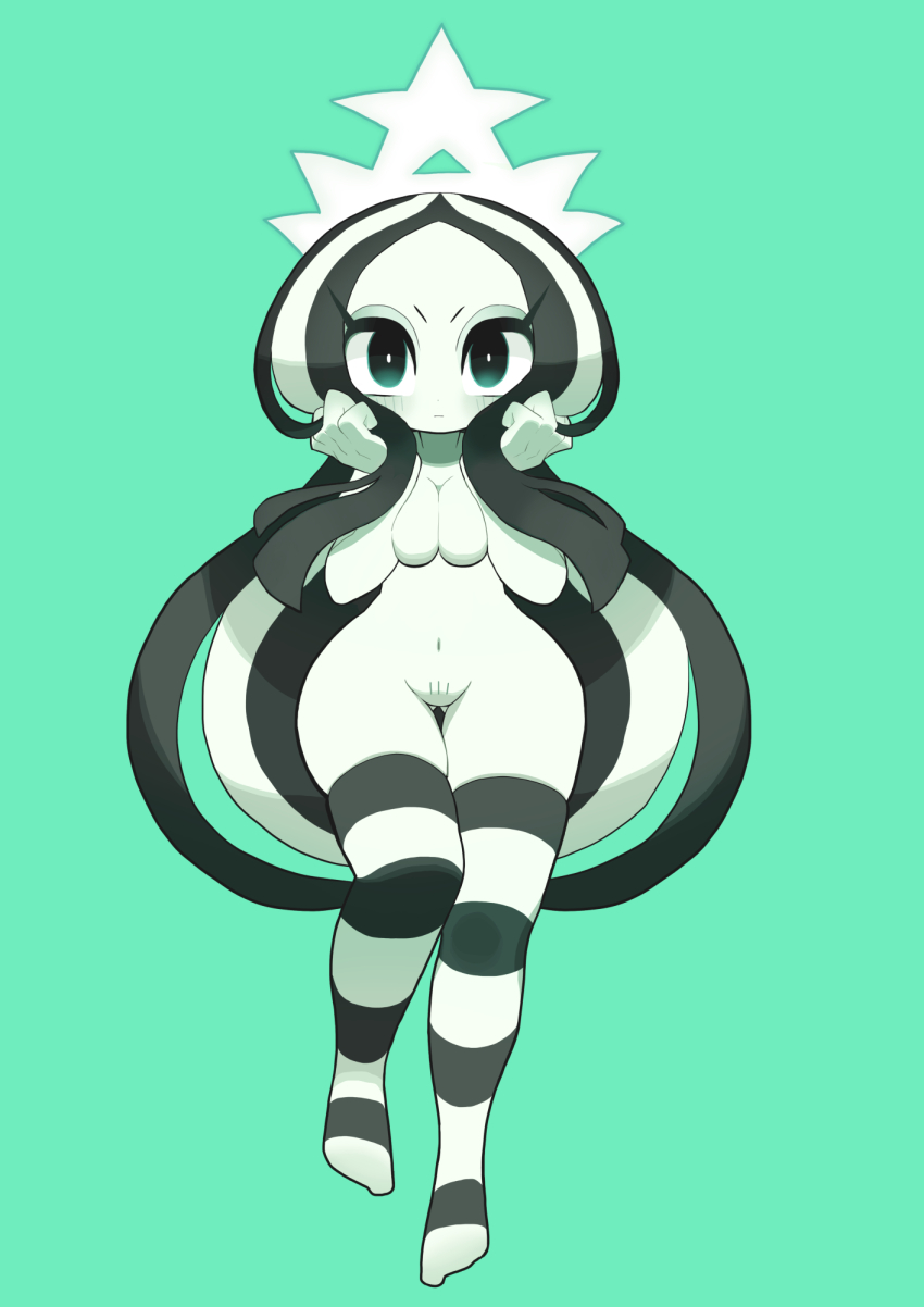 1girl blush breasts cleavage commentary female_pubic_hair full_body gashi-gashi green_background highres horizontal-striped_thighhighs large_breasts long_hair looking_at_viewer navel no_nipples no_pussy nude product_girl pubic_hair simple_background skindentation solo starbucks stb-chan symbol-only_commentary thigh_gap thighhighs very_long_hair wide_hips