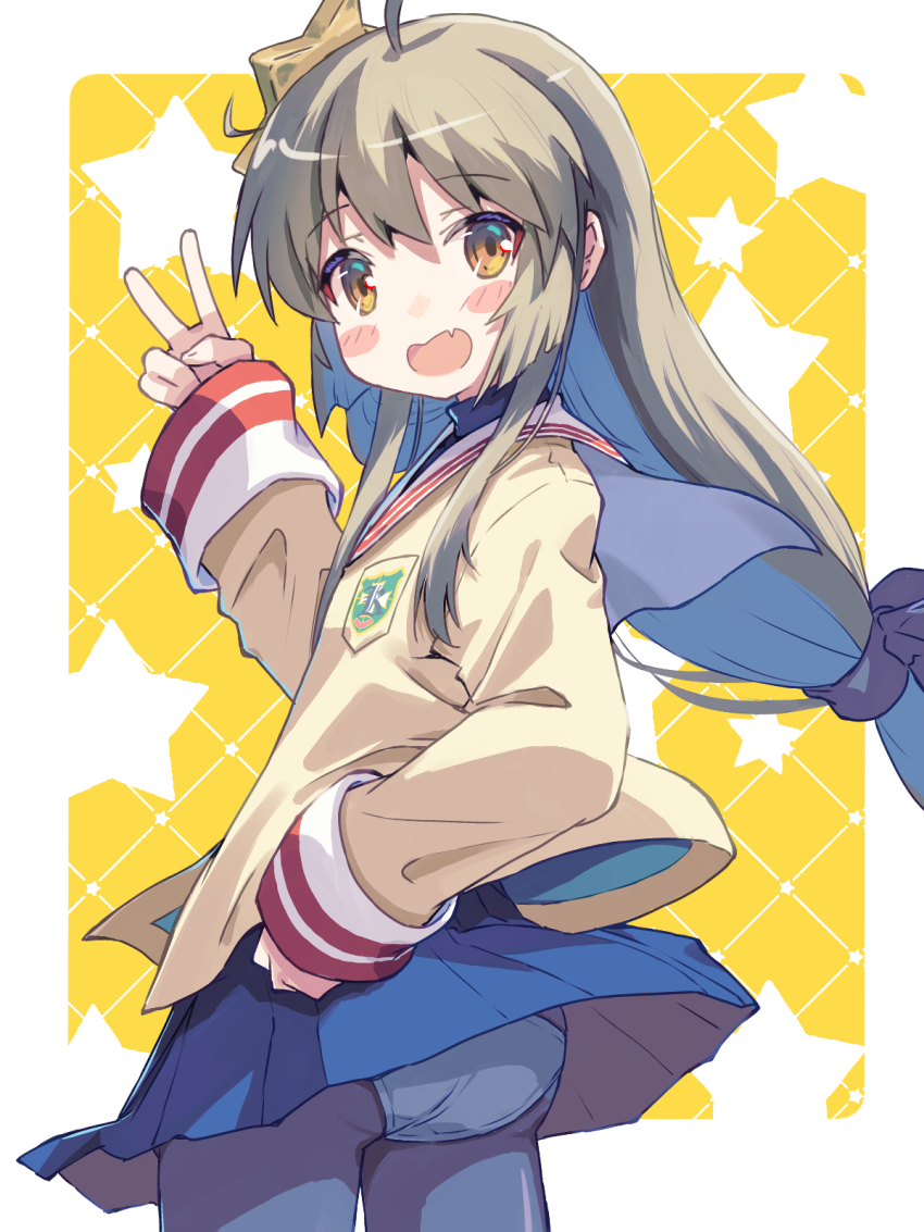1girl :d ahoge akayama_yukihe ass black_pantyhose blazer blue_skirt blush_stickers border bow brown_eyes brown_hair clannad clothes_lift commentary_request cowboy_shot fang floating_hair from_behind hair_bow hair_ornament hand_on_own_hip hand_up happy highres hikarizaka_private_high_school_uniform ibuki_fuuko jacket long_hair looking_at_another looking_at_viewer low-tied_long_hair miniskirt open_mouth outside_border panties panties_under_pantyhose pantyhose pleated_skirt purple_bow sailor_collar school_uniform serafuku simple_background skin_fang skirt skirt_lift sleeves_past_wrists smile solo star_(symbol) star_hair_ornament tareme turtleneck underwear v very_long_hair white_border white_panties white_sailor_collar wide_sleeves wind wind_lift yellow_background yellow_jacket