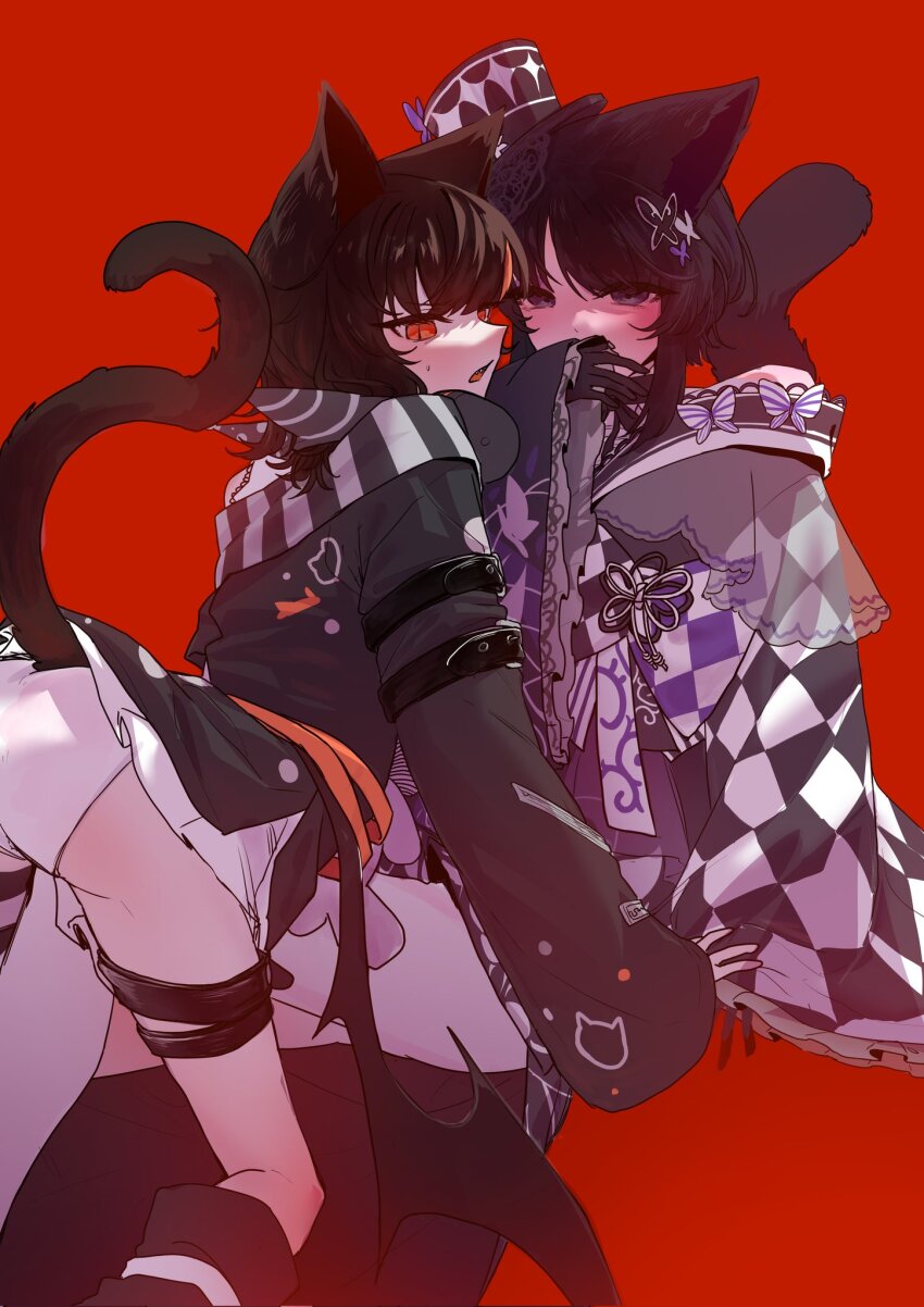 2girls animal_ears black_gloves black_hair black_hoodie cat_ears cat_girl cat_tail dress gl_loverlife gloves hair_ornament hat headphones highres hood hoodie housho_margo long_sleeves mahou_shoujo_no_majo_saiban multicolored_hair multiple_girls open_mouth orange_eyes panties plaid_clothes purple_eyes red_background sawatari_coco short_hair tail top_hat underwear white_panties yuri