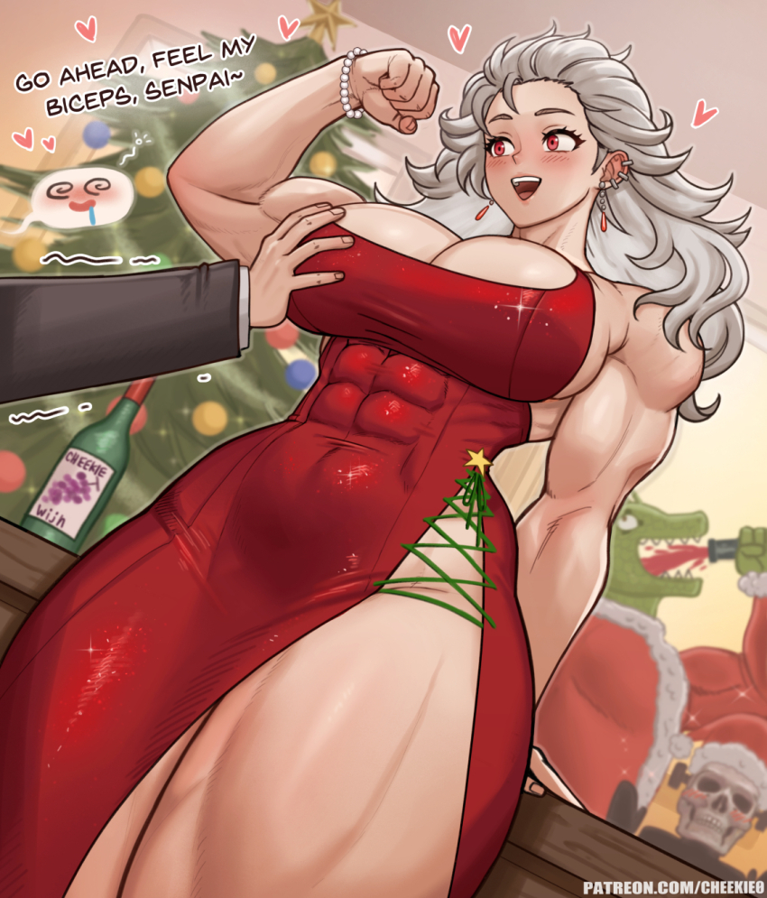 1girl 2boys abs alcohol biceps blush bottle bracelet breasts caiman_(dorohedoro) cheekie christmas_ornaments christmas_tree colored_skin dorohedoro dress ear_piercing earrings formal_clothes green_skin hat heart highres jewelry large_breasts leaning_back long_hair multiple_boys muscular muscular_female noi_(dorohedoro) open_mouth pearl_bracelet piercing red_dress red_eyes reptile_boy saliva santa_costume santa_hat sharp_teeth shin_(dorohedoro) skull smile sparkle suit table teeth thick_thighs thighs white_hair wine wine_bottle