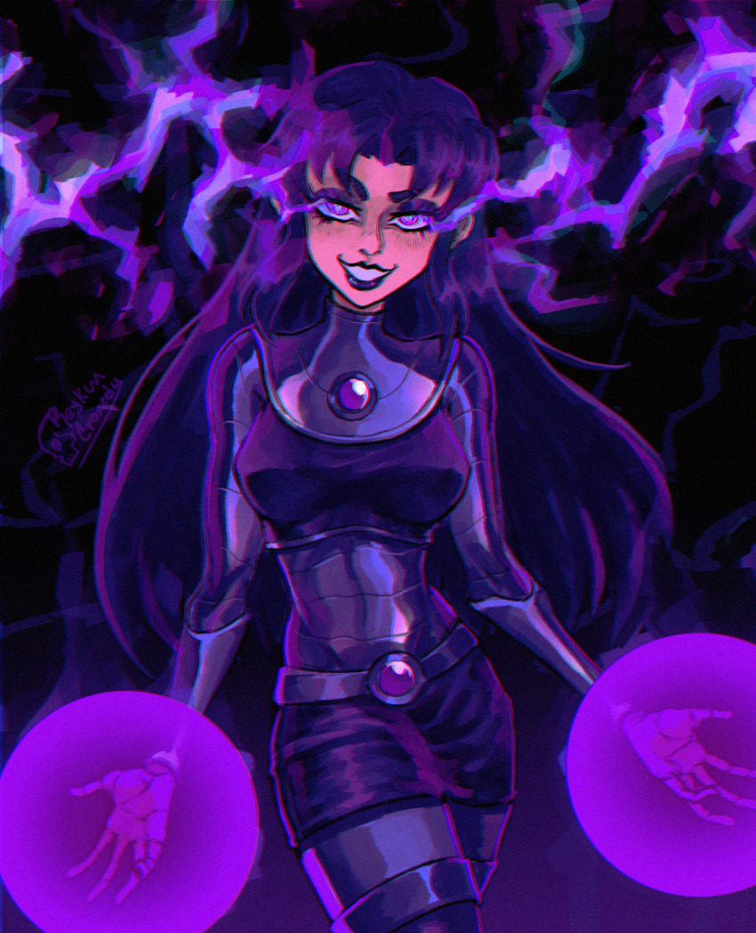 1girl absurdres armor black_pantyhose blackfire breasts commentary cowboy_shot dc_comics eyeshadow flaming_eye highres long_hair makeup medium_breasts miniskirt pantyhose purple_eyes purple_eyeshadow purple_hair reykun signature skirt smile solo teen_titans teen_titans_(tv_series)