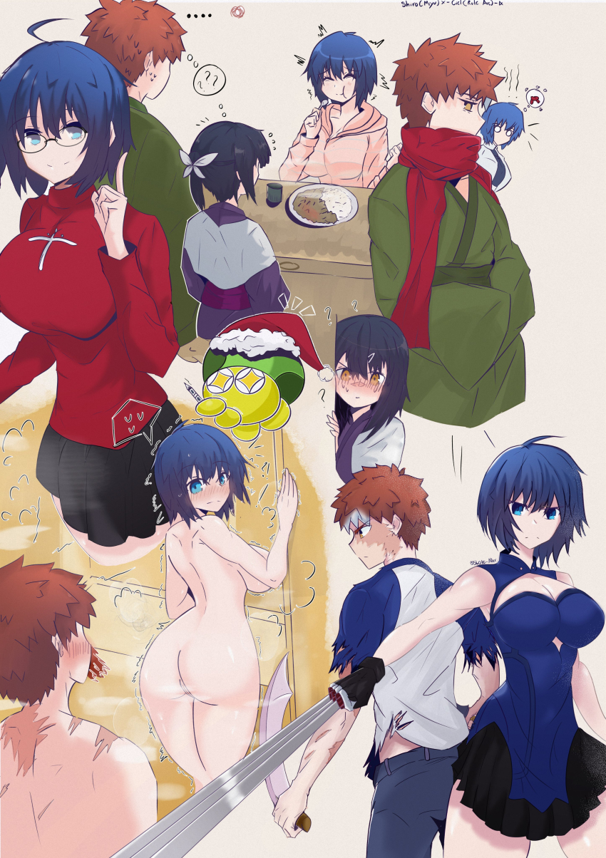 1boy 2girls absurdres bare_shoulders between_fingers black-framed_eyewear black_hair black_keys_(type-moon) black_thighhighs blood blue_dress blue_eyes blue_hair blush bodysuit breasts brown_eyes ciel_(tsukihime) clothing_cutout colored_skin cosplay dark_skin diamond_cutout dress emiya_shirou emiya_shirou_(prisma_illya) fate/kaleid_liner_prisma_illya fate_(series) glasses gloves hair_between_eyes hair_ornament hairclip highres holding holding_weapon kanshou_&amp;_bakuya_(fate) large_breasts long_hair long_sleeves miyu_edelfelt multicolored_hair multicolored_skin multiple_girls nosebleed nun orange_hair planted planted_sword planted_weapon powered_ciel raglan_sleeves red_hair red_scarf red_sweater ribbon scarf shirt shoko_excalibur short_hair sidelocks skirt sleeveless sleeveless_bodysuit sleeveless_dress small_breasts streaked_hair sweater sword thighhighs tohsaka_rin tohsaka_rin_(cosplay) traditional_nun tsukihime tsukihime_(remake) turtleneck two-tone_skin vest weapon white_hair yellow_eyes yellow_vest zettai_ryouiki