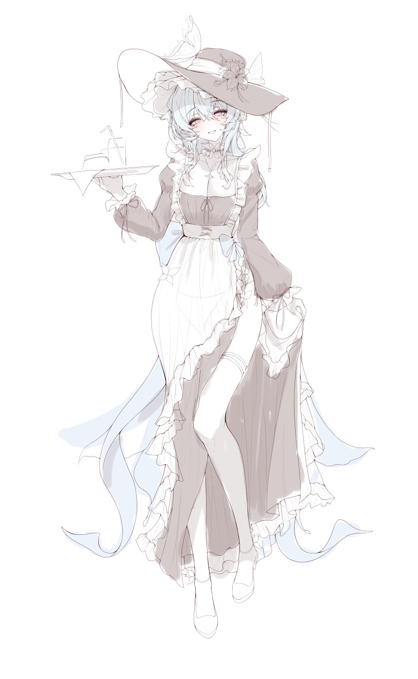 1girl absurdres alternate_costume apron black_dress black_hat blue_hair breasts collarbone colored_eyelashes commentary_request dress enmaided full_body hair_between_eyes hat highres holding holding_plate incredibly_absurdres korean_commentary lilac_(k32420276) looking_at_viewer maid medium_hair parted_lips plate purple_eyes shorekeeper_(wuthering_waves) side_slit simple_background sketch small_breasts smile solo thighhighs waist_apron white_background wuthering_waves