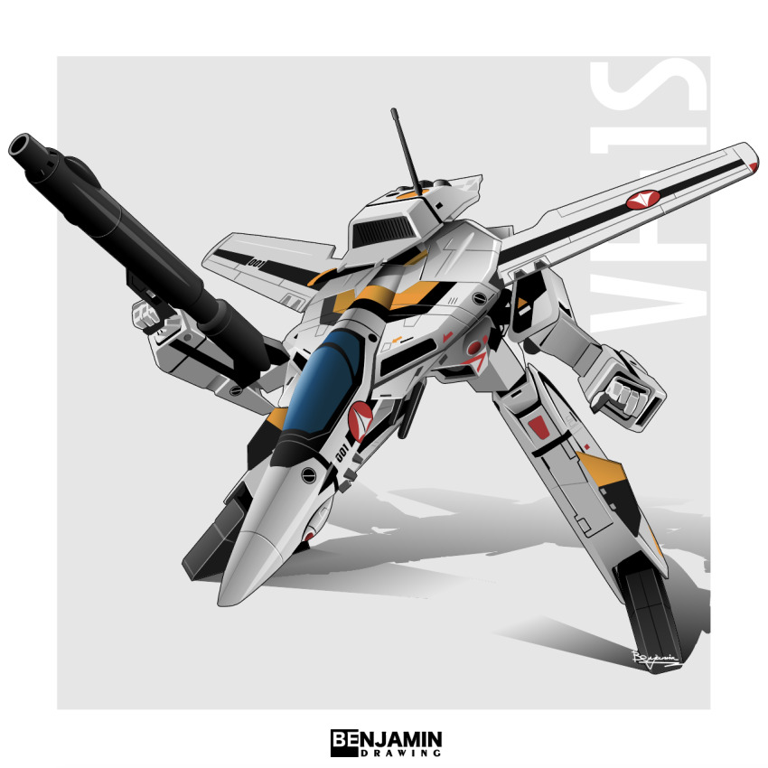 artist_name benjamin_(user_scjv3278) choujikuu_yousai_macross gerwalk gun gunpod highres holding holding_gun holding_weapon macross mecha mecha_focus no_humans open_hand radio_antenna robot science_fiction shadow solo variable_fighter vf-1s weapon white_background