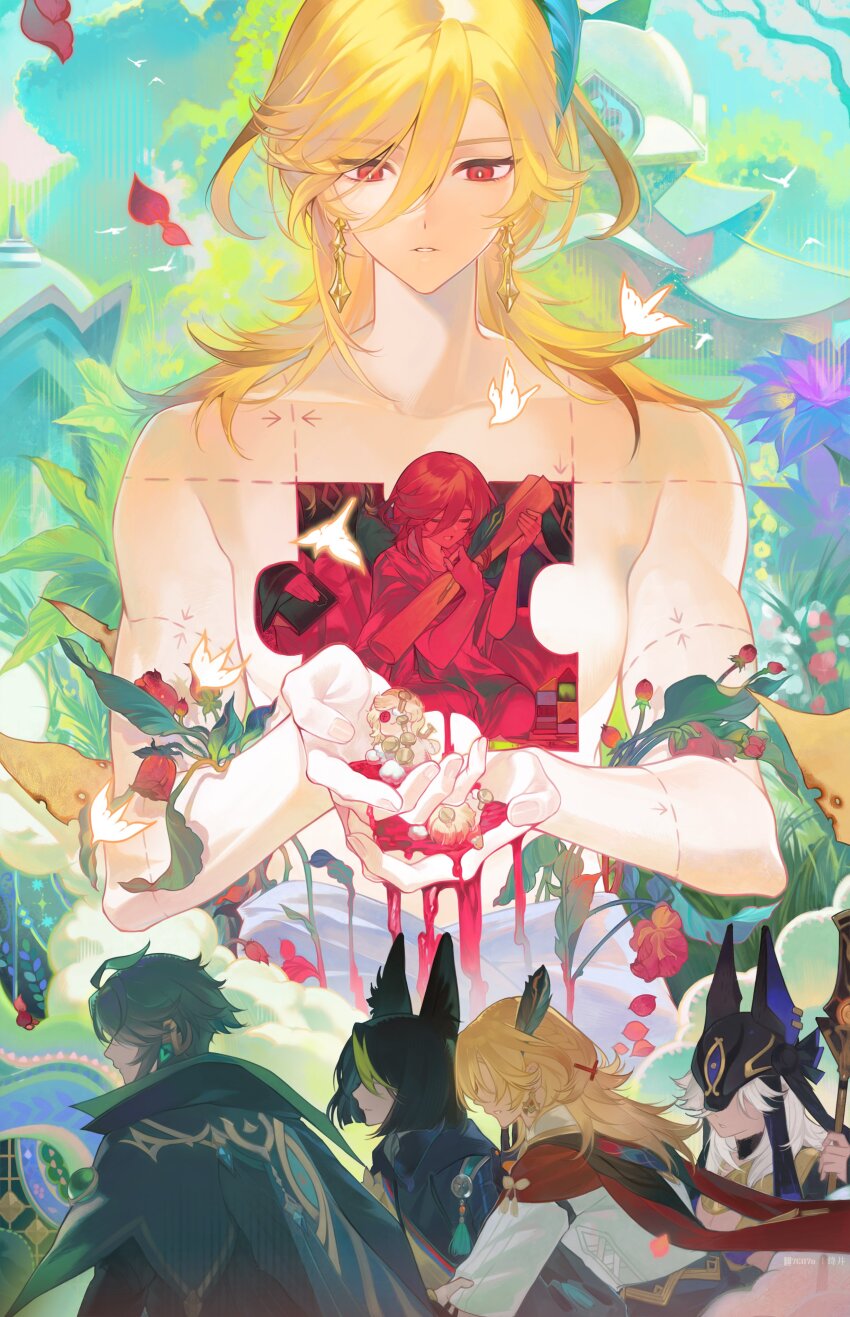 4boys 7e07o absurdres aged_down ahoge alhaitham_(genshin_impact) ancient_egyptian_clothes animal_ear_fluff animal_ears animal_hat arrow_(symbol) artist_name bird black_choker black_hair black_hat black_ribbon blonde_hair blood blood_on_hands blue_sky blunt_ends book braid bud building cape character_doll child choker closed_eyes closed_mouth cloud collarbone commentary cut-here_line cyno_(genshin_impact) dark-skinned_male dark_skin day doll dotted_line drawstring dripping earrings eyelashes fake_animal_ears falling_petals feather_hair_ornament feathers flower fox_ears genshin_impact grass green_cape green_hair grey_hair hair_between_eyes hair_ornament hands_up hat hat_ribbon headphones highres holding holding_book holding_polearm holding_quill holding_scroll holding_weapon hole_in_chest hole_on_body hood hood_down hoodie jackal_ears jewelry kaveh_(genshin_impact) long_hair long_sleeves looking_down male_focus middle_eastern_architecture multicolored_hair multiple_boys multiple_views parted_bangs parted_lips petals plant polearm profile purple_flower puzzle_piece quill red_cape red_eyes red_flower ribbon scroll shirt short_hair single_braid sitting sky smile staff_of_the_scarlet_sands_(genshin_impact) streaked_hair stuffing symbol-only_commentary tassel tighnari_(genshin_impact) toy_block tree usekh_collar vision_(genshin_impact) voodoo_doll weapon white_hair white_shirt x_hair_ornament