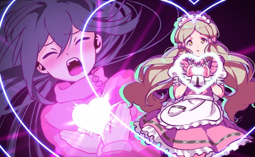 2girls apron blush breasts cowboy_shot dot_nose double-parted_bangs dress expressionless floating_hair fluffy_hair frilled_apron frilled_dress frills grey_hair hair_ribbon handa_roco heart heart_hands highres idolmaster idolmaster_million_live! idolmaster_million_live!_theater_days long_hair looking_at_viewer maid_headdress mochizuki_anna moe_moe_kyun! multiple_girls nose_blush official_alternate_costume open_mouth parted_bangs parted_lips pink_ribbon pretty_waitress_(idolmaster) puffy_short_sleeves puffy_sleeves purple_hair pyopyo ribbon short_sleeves small_breasts straight_hair teeth twintails upper_body upper_teeth_only very_long_hair waist_apron waitress wavy_hair white_apron white_headdress wrist_cuffs yellow_eyes yuri