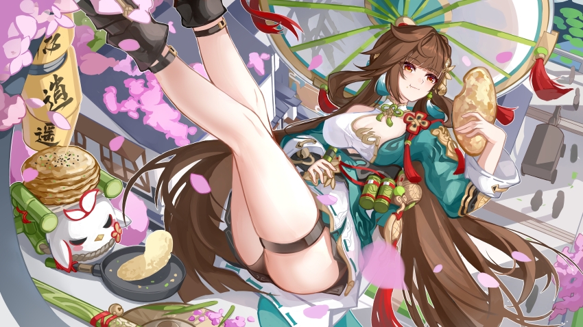 1girl absurdres black_boots boots breasts brown_hair cherry_blossoms chinese_clothes chinese_commentary commentary_request earrings eating evzeva hair_ornament highres holding honkai_(series) honkai_impact_3rd jewelry jingwei_(bird) large_breasts legs_up li_sushang li_sushang_(peregrine_sword) long_hair looking_at_viewer looking_to_the_side oil-paper_umbrella outdoors red_pupils single_bare_shoulder solo tassel tassel_earrings thighs umbrella very_long_hair white_umbrella yellow_eyes