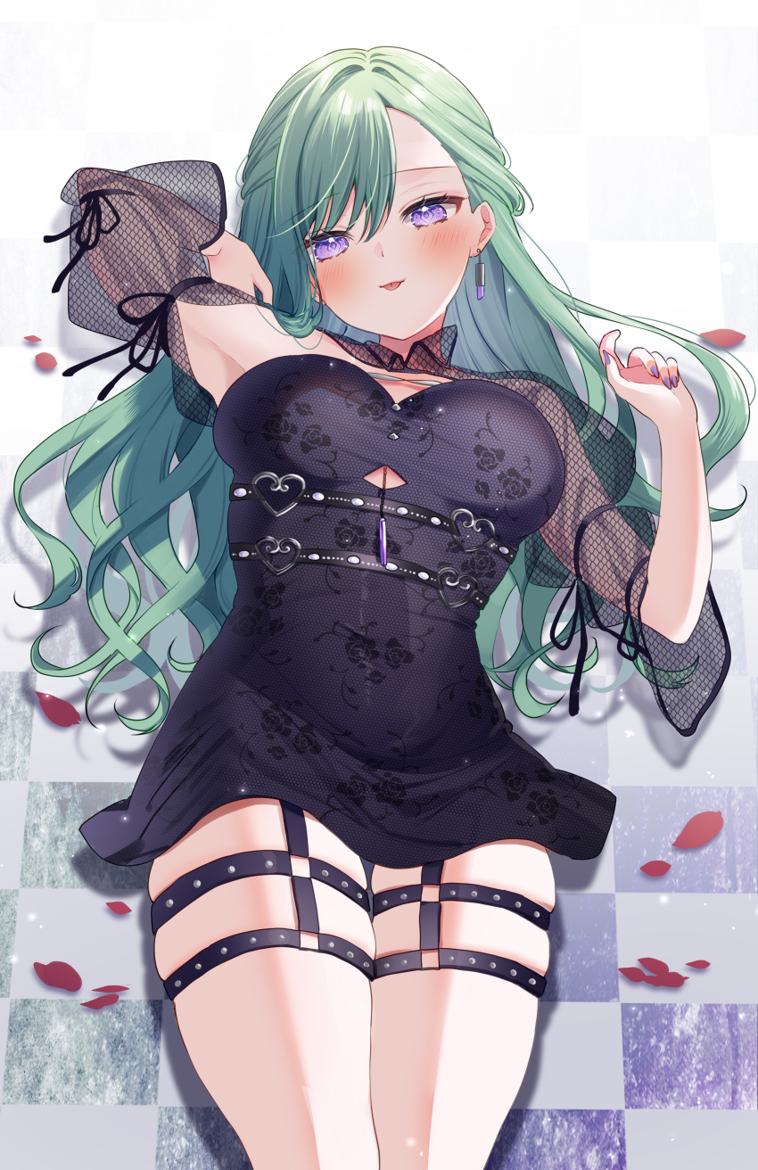 1girl :p absurdres alternate_costume arm_ribbon arm_up armpits belt black_belt black_dress black_ribbon black_shrug blush breasts checkered_floor chest_belt clothing_cutout diamond-shaped_pupils diamond_(shape) dress earrings fishnet_shrug fishnets floral_print garter_straps green_hair hair_behind_ear heart heart_o-ring highres jewelry large_breasts lipstick_earrings looking_at_viewer lying multiple_thigh_straps o-ring on_back on_floor petals pome_charo purple_eyes purple_nails ribbon short_dress shrug_(clothing) single_earring skindentation solo strapless strapless_dress studded_thigh_strap symbol-shaped_pupils thick_thighs thigh_strap thighs tongue tongue_out tube_dress underboob_cutout virtual_youtuber vspo! yakumo_beni