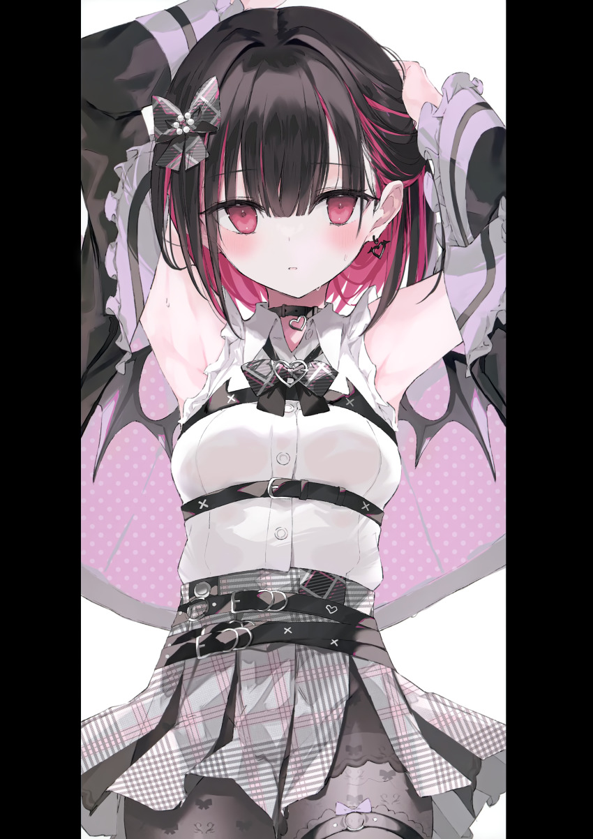 1girl absurdres arm_up bare_shoulders black_hair blush bow bow_print breasts buttons choker closed_mouth detached_sleeves fake_wings frills highres indie_virtual_youtuber jacket long_sleeves looking_at_viewer mini_wings multicolored_hair nanananana pantyhose pink_eyes pink_hair rikotan_(vtuber) short_hair simple_background skirt small_breasts solo two-tone_hair virtual_youtuber wings