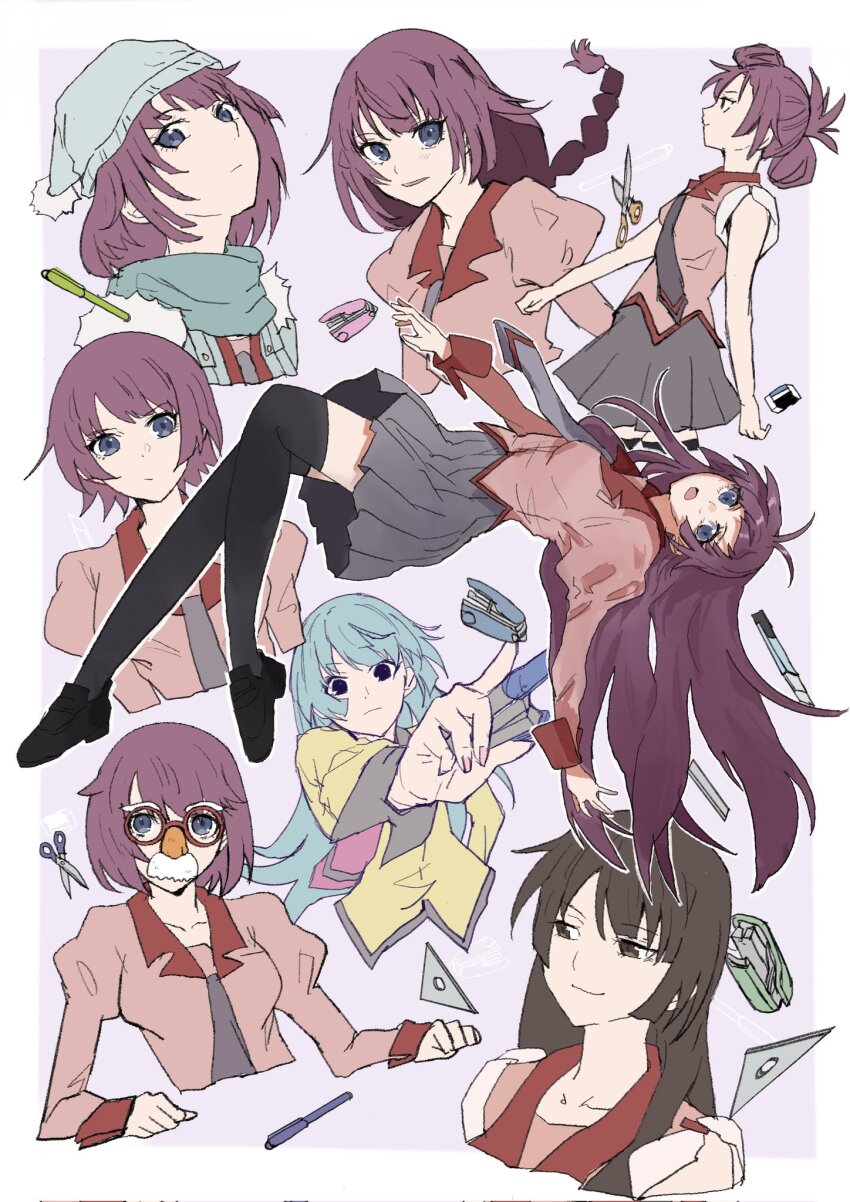 1girl bakemonogatari beanie black_shoes black_thighhighs border boxcutter braid braided_ponytail brown_eyes brown_hair closed_mouth collarbone collared_shirt corrupted_twitter_file cropped_torso eyelashes glasses grey_skirt groucho_glasses hat highres holding juliet_sleeves koimonogatari long_hair long_sleeves medium_hair monogatari_(series) multiple_views naoetsu_high_school_uniform necktie nisemonogatari pen pleated_skirt puffy_sleeves purple_background purple_hair school_uniform scissors senjougahara_hitagi shadow shirt shoes short_hair sketch skirt sleeves_rolled_up smile standing stapler thighhighs valhalla0707 very_long_hair white_border zettai_ryouiki