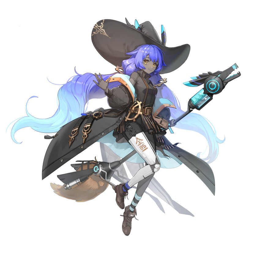 1girl absurdres belt black_coat black_hat broom brown_belt brown_footwear coat full_body gear_hair_ornament gradient_hair hair_flaps hat highres holding holding_broom long_hair mechanical_broom multicolored_hair original purple_hair smile socks solo striped_clothes striped_socks very_long_hair white_background witch_hat xing_(gloryxing) yellow_eyes