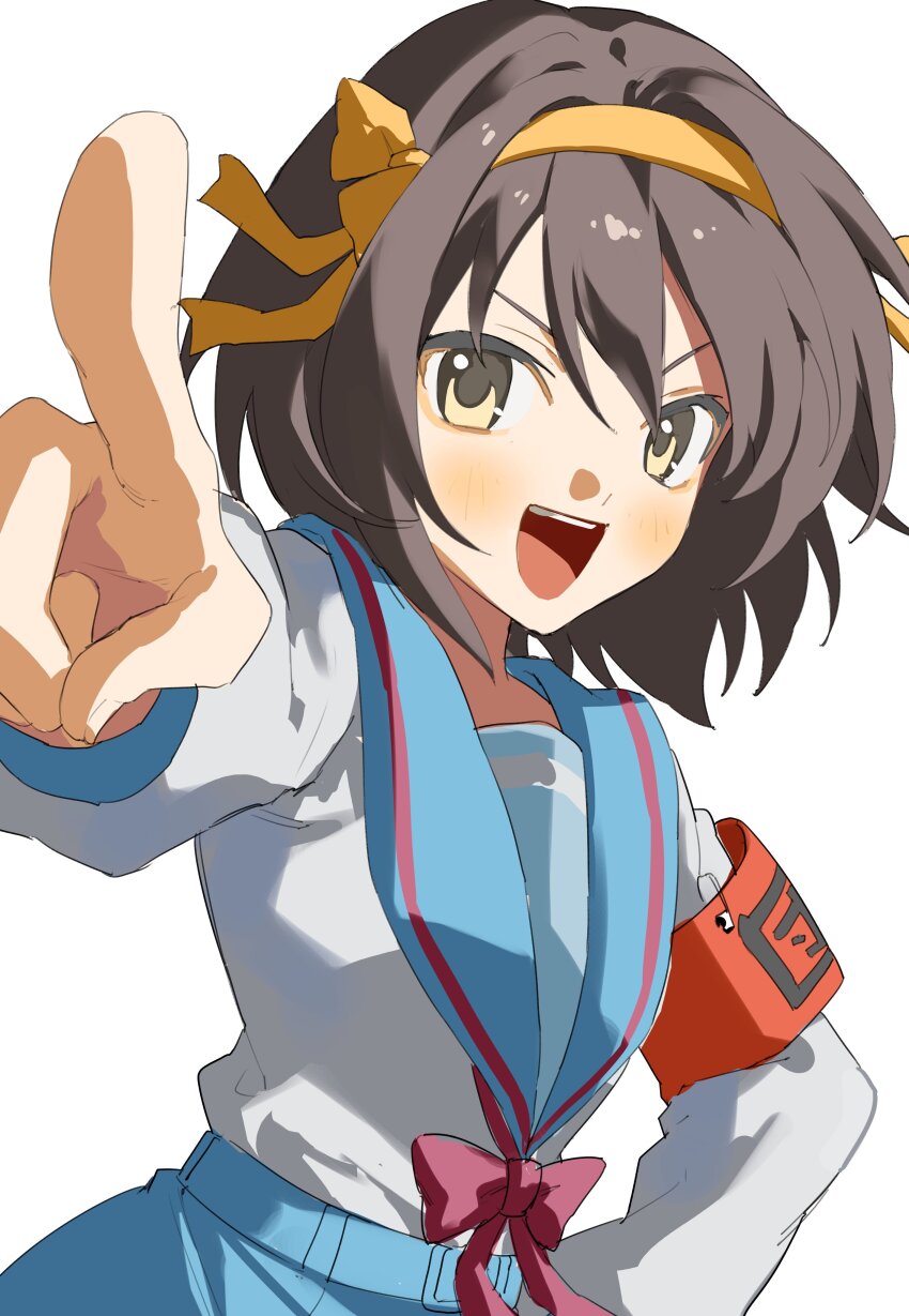 1girl 333takoyaki :d absurdres armband blue_sailor_collar blue_skirt blush brown_eyes brown_hair commentary_request hair_ribbon hairband hand_on_own_hip highres kita_high_school_uniform long_sleeves looking_at_viewer medium_hair open_mouth paperclip red_armband ribbon sailor_collar school_uniform serafuku simple_background skirt smile solo suzumiya_haruhi suzumiya_haruhi_no_yuuutsu teeth tongue upper_teeth_only white_background winter_uniform yellow_hairband yellow_ribbon
