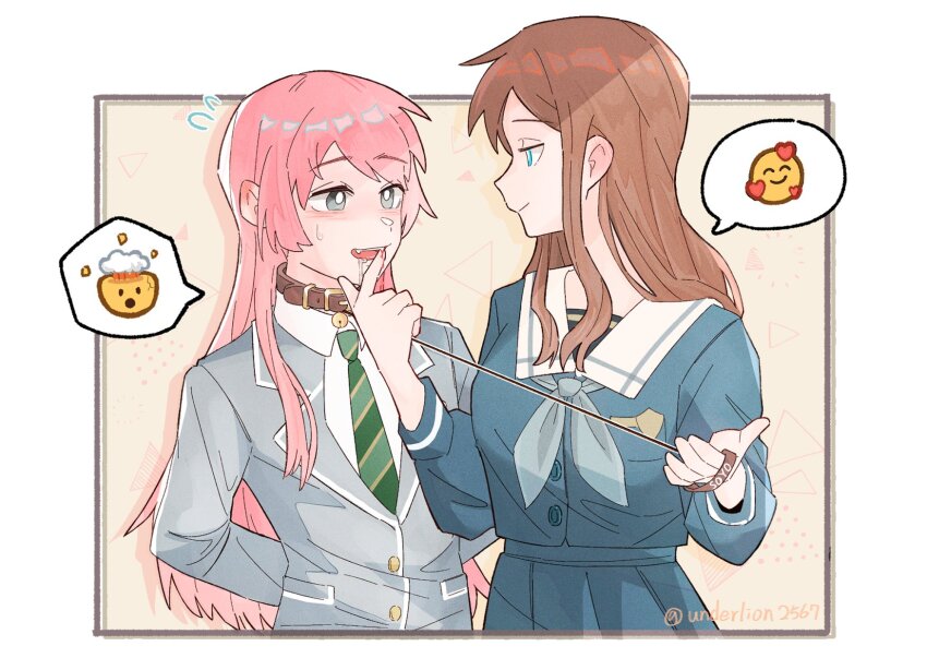 2girls arms_behind_back bang_dream! bang_dream!_it&#039;s_mygo!!!!! blue_eyes blue_shirt blue_skirt blush border brown_collar brown_hair chihaya_anon closed_mouth collar commentary diagonal-striped_clothes diagonal-striped_necktie green_necktie grey_eyes grey_jacket grey_neckerchief haneoka_school_uniform highres holding holding_leash jacket leash long_hair long_sleeves multiple_girls nagasaki_soyo neckerchief necktie pink_hair school_uniform shade shirt sidelocks skirt spoken_emoji striped_clothes symbol-only_commentary tsukinomori_school_uniform underlion2567 white_border yuri