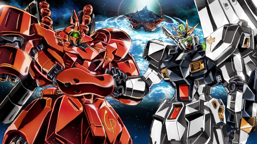 axis_(gundam) bad_id bad_pixiv_id char&#039;s_counterattack earth_(planet) funnels_(gundam) garimpeiro getter_robo glowing glowing_eyes green_eyes gundam handshake highres looking_at_viewer looking_up mecha mecha_focus missile_pod no_humans nu_gundam one-eyed parody planet robot sazabi scene_reference shin_getter_robo_vs_neo_getter_robo space sun v-fin zeon