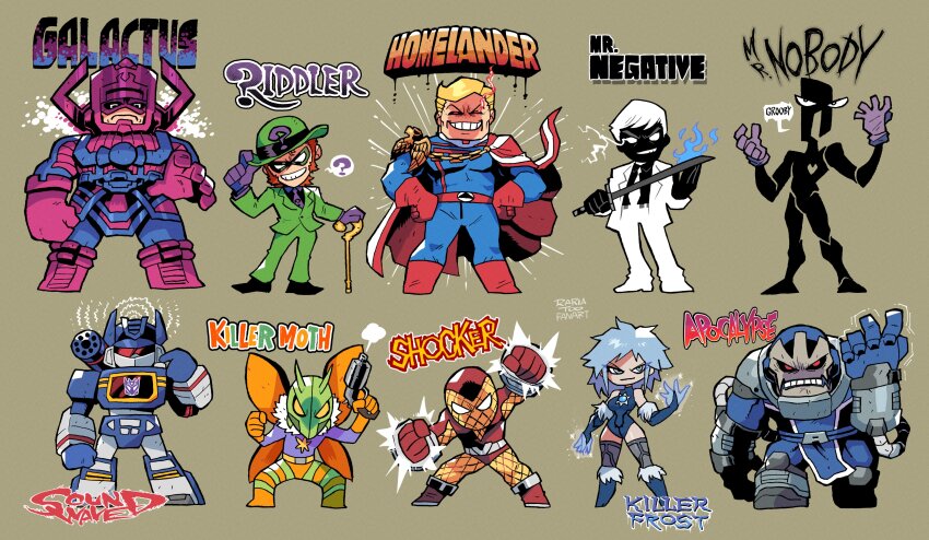 1girl 6+boys absurdres apocalypse_(marvel) batman_(series) blue_leotard cape dc_comics decepticon doom_patrol_(dc) evil_grin evil_smile formal_clothes galactus gloves green_hat green_suit grin gun hat helmet highres holding holding_gun holding_sword holding_weapon homelander insect_wings katana killer_frost leotard marvel moth_wings mr._negative mr._nobody multiple_boys purple_gloves purple_helmet rariatto_(ganguri) shocker_(spider-man) simple_background smile soundwave_(transformers) spider-man_(series) suicide_squad suit sword the_riddler transformers weapon white_suit wings